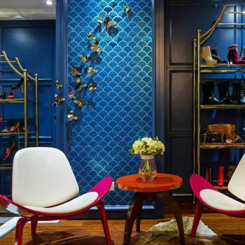 

Moroccan Style Swimming Pool Blue Green Fish Scale Tile Green Color Fan-Shaped Ice Cracked Bath Mosaic