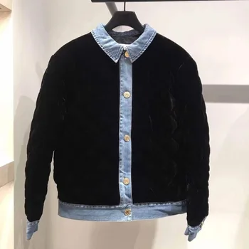 

Women Coat 2019 Autumn and Winter New Style Denim Stitching Velvet Single-breasted Bread Women's Cotton Coat