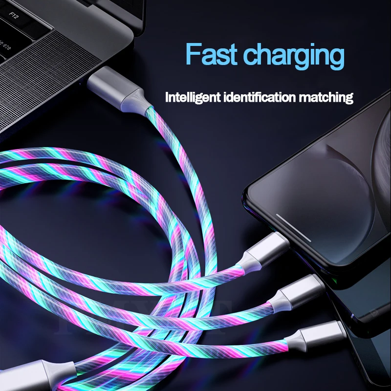 3 в 1 usb-кабель светодиодный свечение течёт Зарядное устройство usb кабель Тип C Micro USB C 8 Pin Зарядка для iPhone кабель для android-устройств зарядный провод шнур
