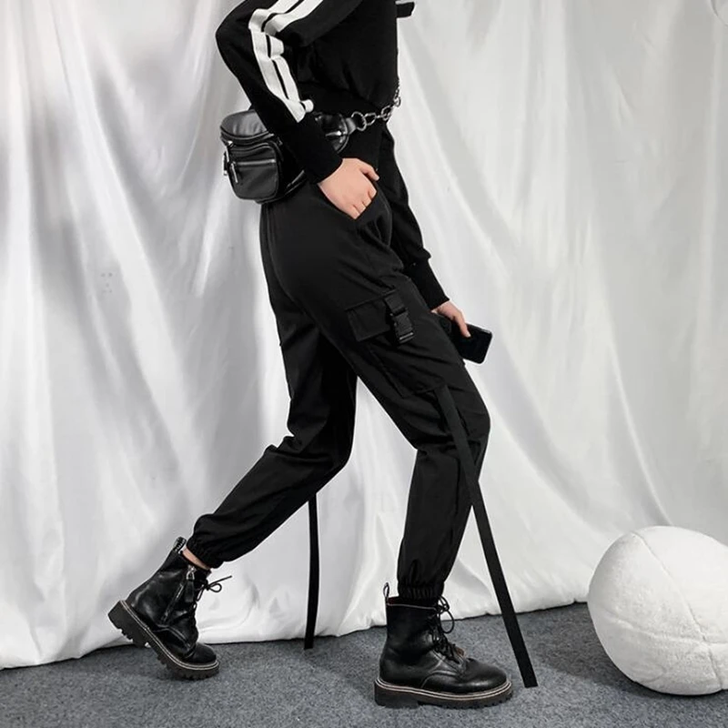 

Cargo Pants Women High Waist Buckle Belt 2020 Autumn Fashion Womens Streetwear Bottoms Jogger Trousers With Side Pockets Black