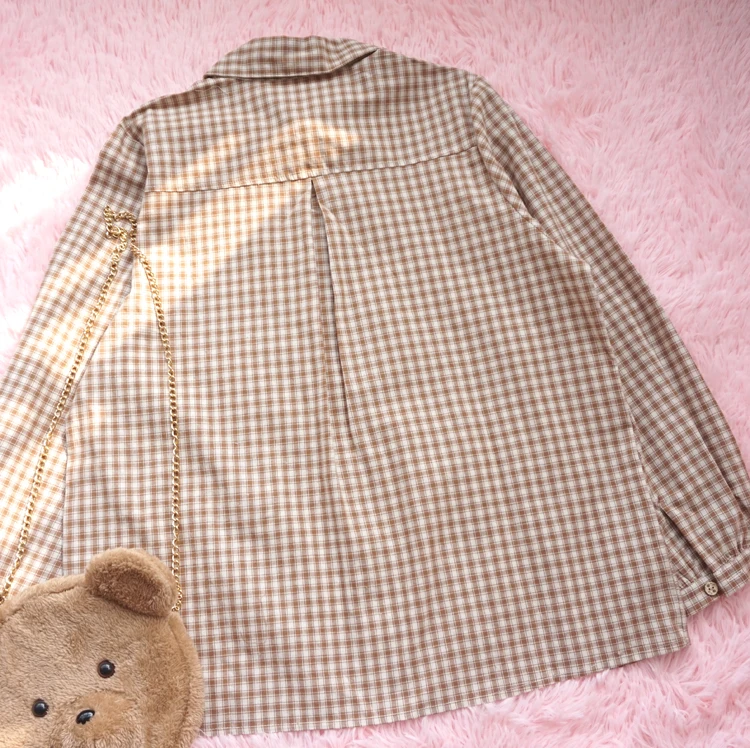Новая Осенняя женская рубашка с длинными рукавами в японском стиле; повседневные клетчатые топы с милым медведем; Kawaii Mori Girl; Студенческая Свободная рубашка; топы в консервативном стиле