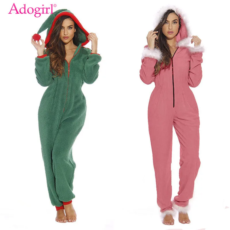 

Adogirl 2019 Christmas Day Home Plush Jumpsuit Jester Hat Front Zipper Long Sleeve Casual Loose Hooded Romper Women Overalls