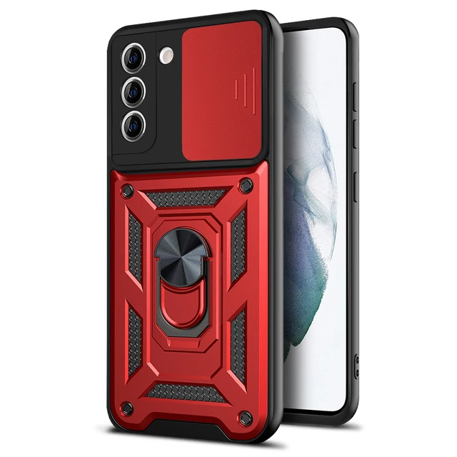 Lens Protection ShockProof Phone Case For Samsung Galaxy S21 Ultra S22 Note 20 Ultra S20 FE A52 A72 Metal Magnetic Ring Bracket red