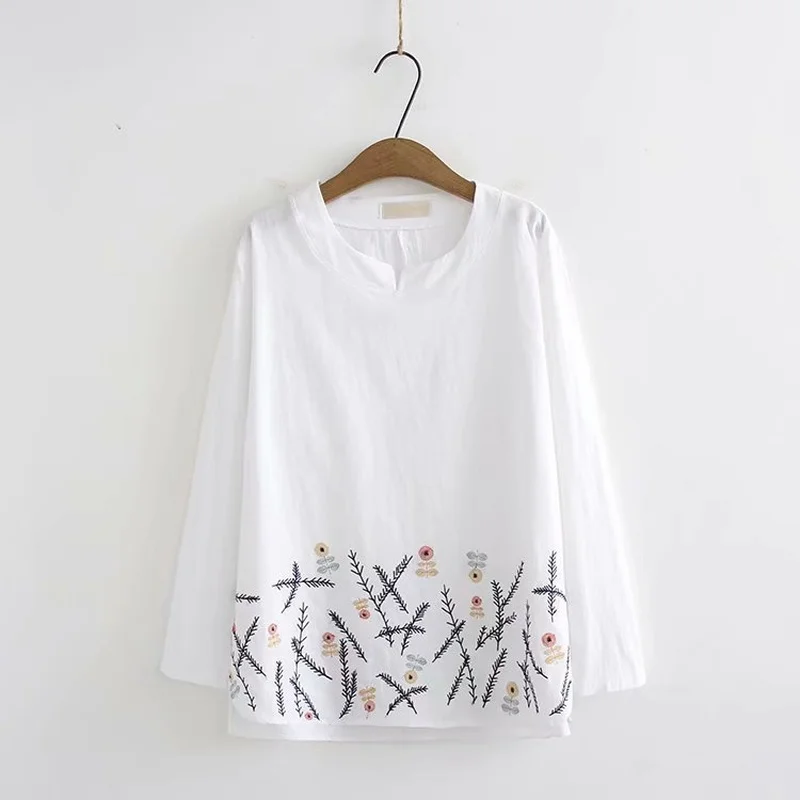 Женская блузка из чистого хлопка с длинными рукавами и цветочной вышивкой XL-4XL