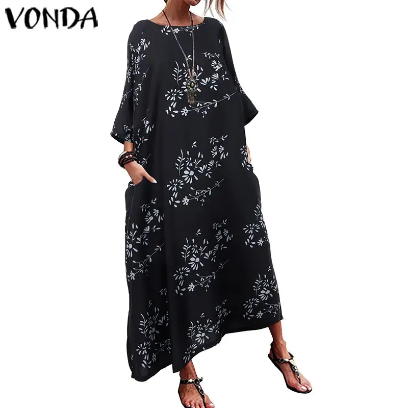 Black Vintage Dress Long Sleeve Floral Print Maxi Dress VONDA Summer Beach Sundress Casual Loose Party Vestidos Plus Size Robe - Цвет: Black