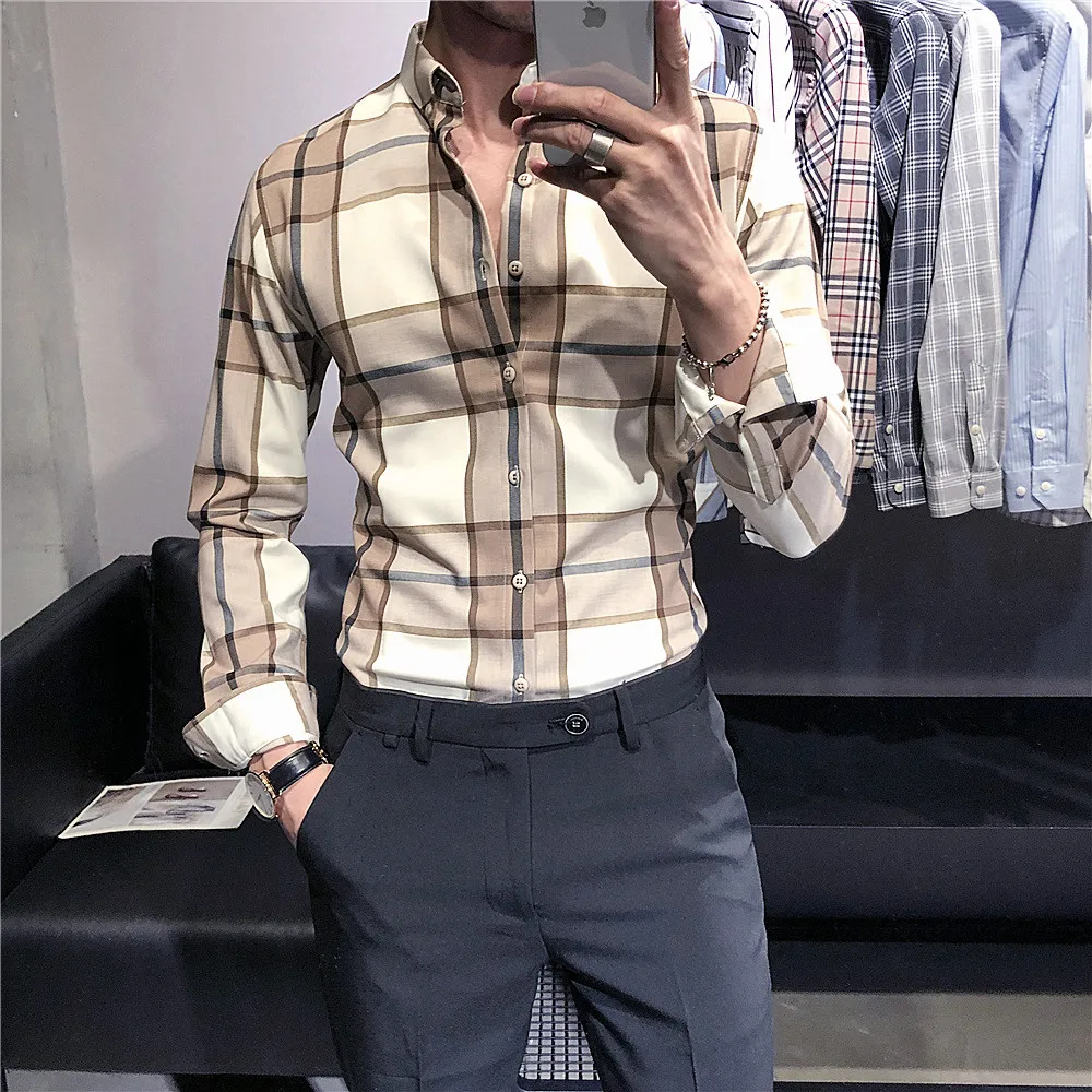 Клетчатая рубашка мужская Camisa Masculina Повседневная приталенная рубашка с длинным рукавом мужская одежда деловая официальная рубашка уличная одежда