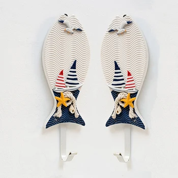 

2Pcs Mediterranean Style Fish Boat Shaped Wall Hooks Living Room Hanging Decoration Nautical Decor