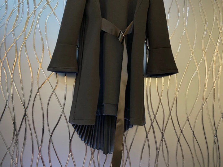 Early autumn new women's round neckband retracted waist space cotton back pleated long sleeve dress 1004