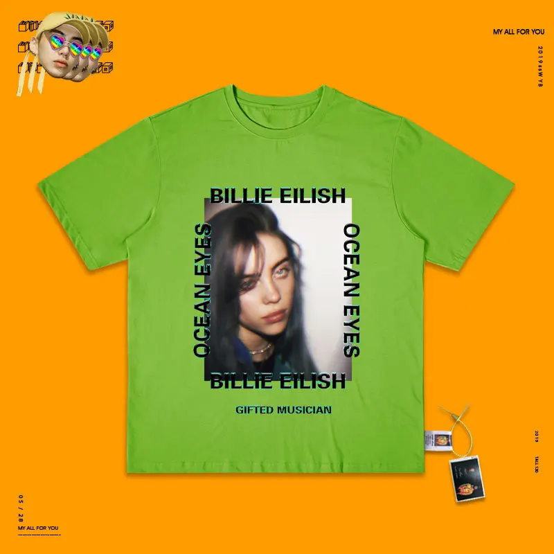 Billieeilish плакат короткий рукав женщина Ins прилива запах свободные Чистый хлопок Футболка личности любителей короткий рукав мужской