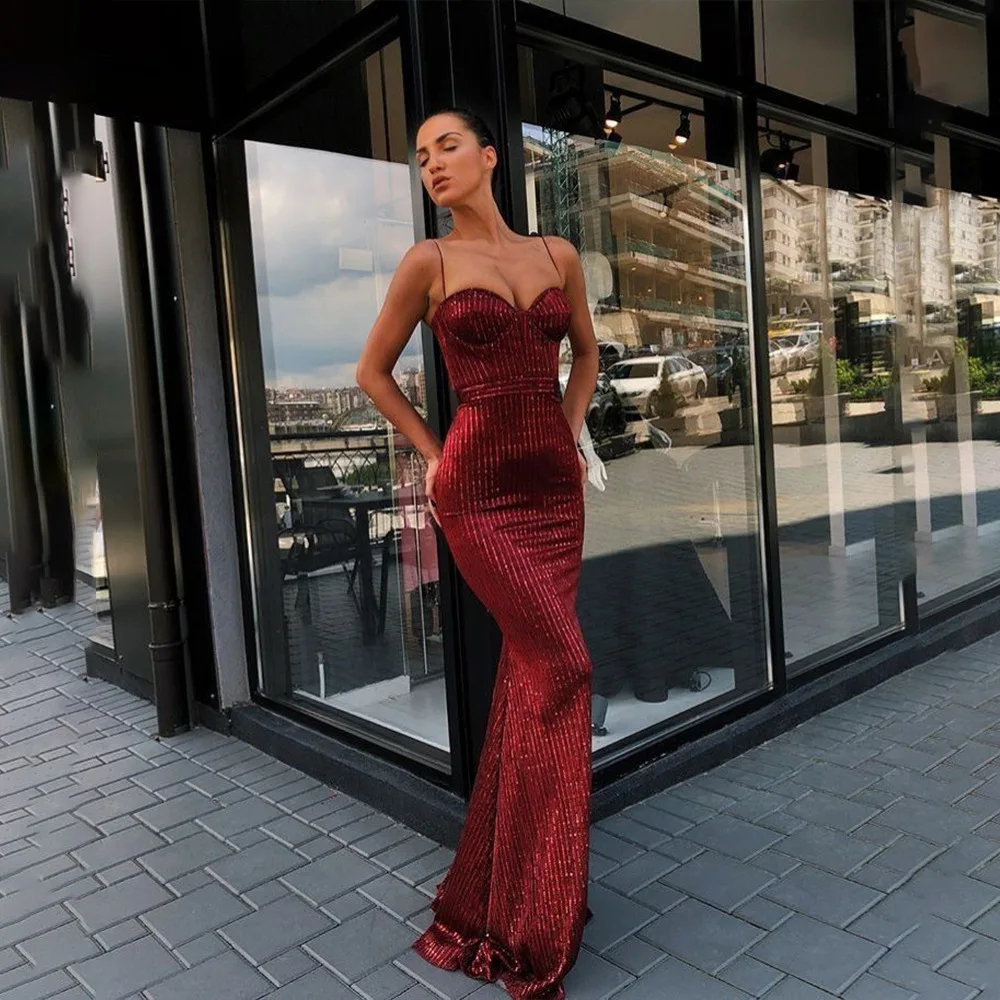 

Sexy Bronzing Mermaid Evening Dress Bling Spaghetti Straps Open Back Party Dress Women Long Dresses Formal Gown Prom dresses
