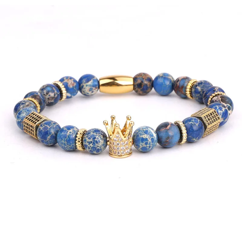 Classic design Cubic Zirconia Crown Charm Natural Stone Beads Elastic Bracelet Men Lady - Image 3