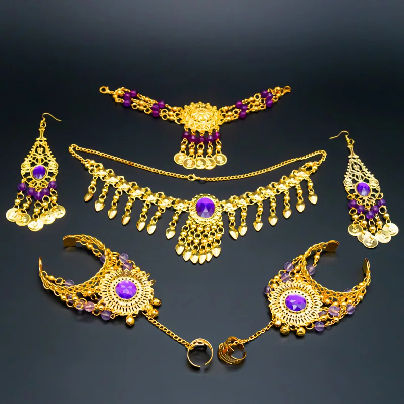 Purple-Full Set Индийские аксессуары для танца живота, стразы, ожерелье, серьги, головной убор, женский набор для танца живота, аксессуары для танцев - Цвет: Purple-Full Set
