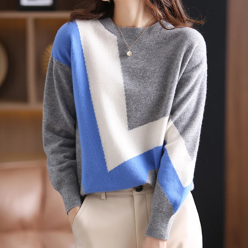 

Autumn And Winter New Cashmere Sweater Women's Round Neck Color Matching Loose Korean Hedging 100% Pure Wool Knitted Sweater