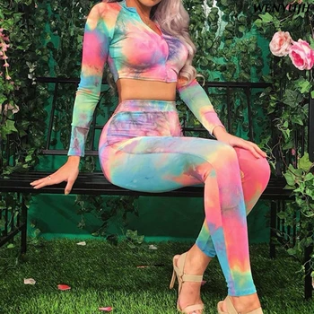 

Tie-dye Suit Long Sleeve Crop Tops Leggings 2 Two Pieces Set 2020 New Autumn Winter Women T-shirts Pants Trousers Streetwear