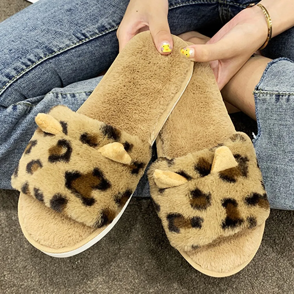 

Women Winter Floor Bedroom Shoes Leopard Slippers Slip-On Anti-Skid Sole Indoor Casual keep Warm Home Plush Soft Snow Slippers