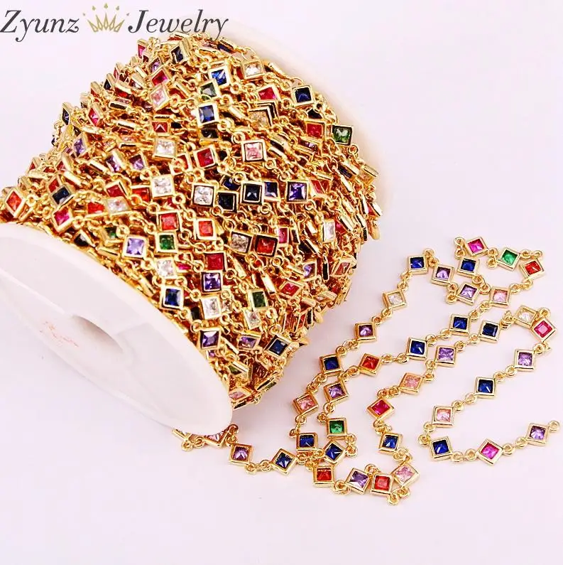 Gold color 3 метра, квадратный красочный CZ звено цепи, Радуга кубический циркон граненый шарик с цепочкой, четки стиль цепи, результаты - Цвет: Gold color