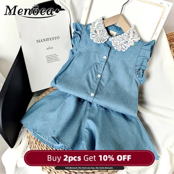 

Menoea 3 7Y Girls Demin Clothing 2020 New Kids Sleeveless Shirt and Pants 2PCS Girl Lace Design Solid Outfit Soft Summer Clothes
