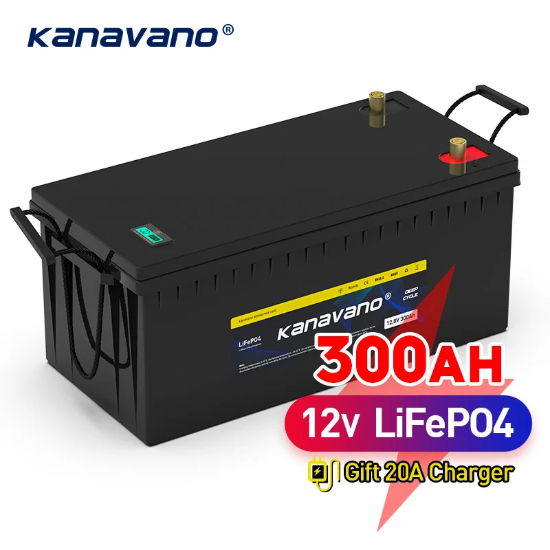 

12V 300Ah LiFePO4 Deep Cycle Rechargeable Battery Pack Built-in 200A BMS For RV Electric Propeller Camper Yacht with 20A Charger