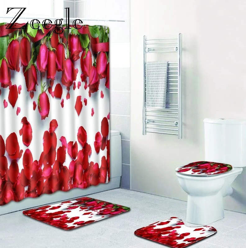 Zeegle Rose Pattern Bathroom Shower Curtain and Rug Sets 4Pcs Toilet Rug Microfiber Door Mats Quick Dry Mat Non Slip Floor Mat