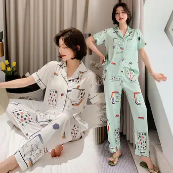 

Summer Autumn Ice Silk Green Rainbow Home Service Short-Sleeved Trousers Korean Pajamas Tide Female Suit Satin Sleep Wear