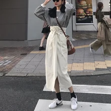 Высокая Талия, на шнуровке, однотонный цвет, Цвет Разделение длинная юбка; сезон весна-осень; Новинка; юбка для женщин; Большие размеры женские юбки в стиле casual Костюмы