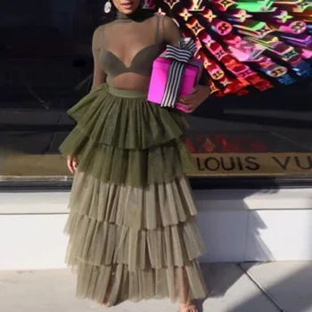 

jupe femme Party Skirts Mix Colors New faldas Long Skirt Tiered Satin Zipper Closure Maxi Skirt Woman