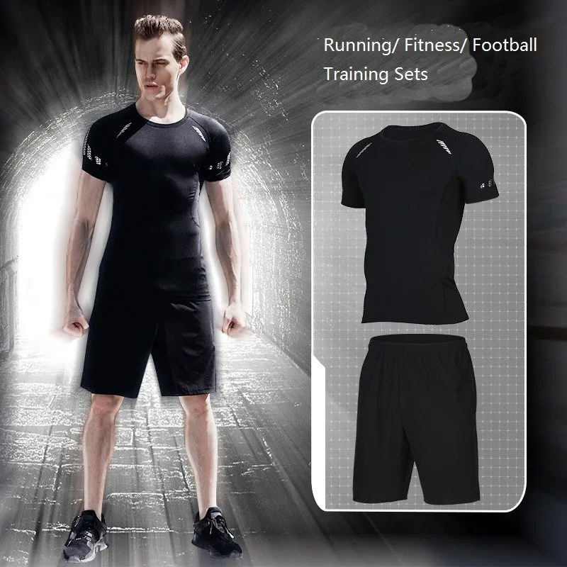Men's Compression Running Suits Quick Dry Shirt+Shorts Sets Summer Football Training Kits 2 pcs Fitness Gym Clothes Sets