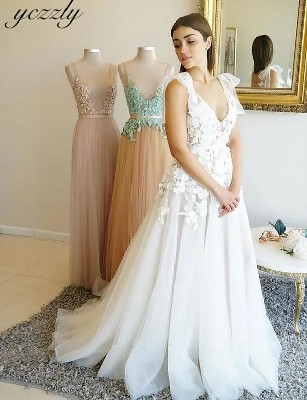 Vestidos De Novia v-образным вырезом ТРАПЕЦИЕВИДНОЕ кружевное свадебное платье с аппликацией и длинными иллюзия свадебное платье es с бантом; Robe De Mariage W109