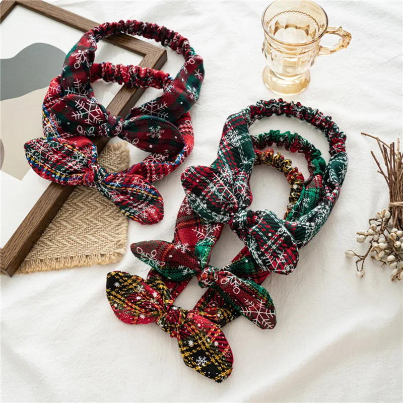 

Bow Hairbands Headbands Elastic Hair Bands Christmas Snowflake Plaid Xmas Hair Accessories Headband Rabbit Ears Knot Headdress