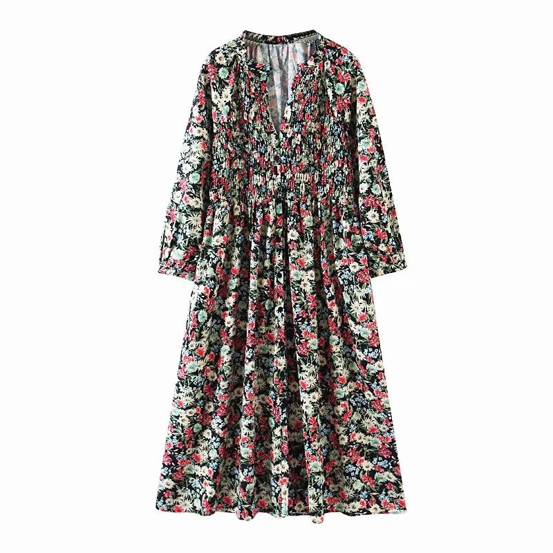 

Spring Autumn Long Sleeve Floral Mid Calf Dress Women V neck Pleated Loose Vacation Beach Printed Dress XZ2114