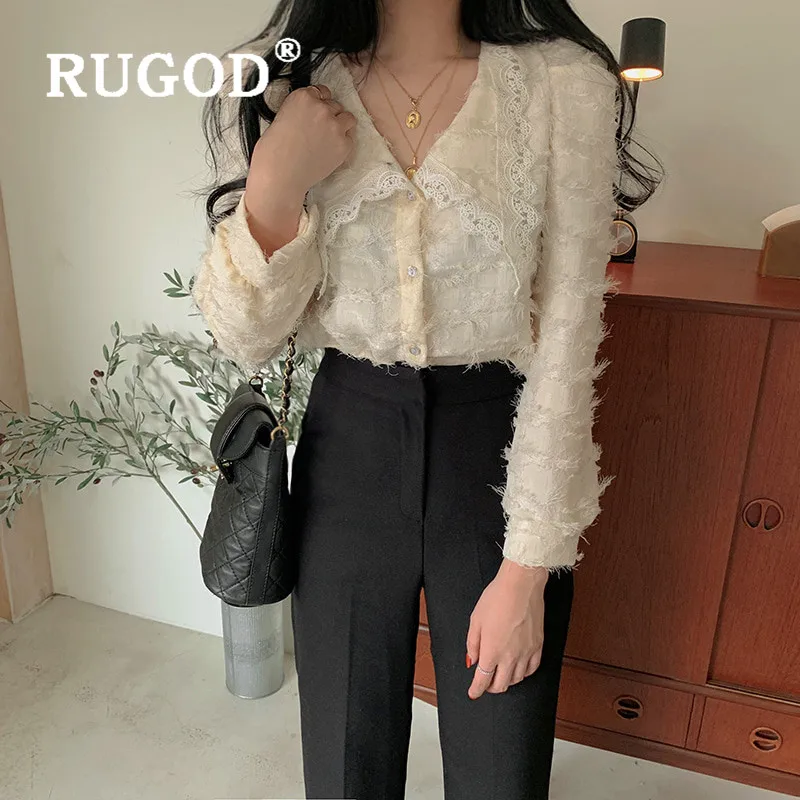 RUGOD 2020 Весенняя кружевная блузка с пышными рукавами женские блузки длинным