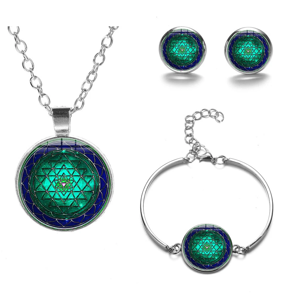 SONGDA индийские Sri Yantra Sacred Art геометрические Ювелирные наборы Серебряная цепочка