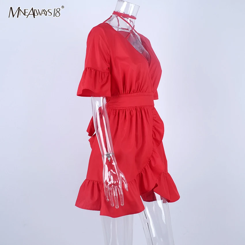 Mnealways18 красное плиссированное мини-платье с v-образным вырезом, женское платье с неровным запахом, сарафан, женское платье с поясом, рукав-лепесток, на шнуровке, повседневные платья