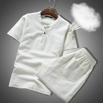 

Mens Summer Set Linen Fabric Breathable Summer Clothes Two Piece Set for Men Suit Plus Size 5XL 2020 Tracksuit Men Sweat Suits
