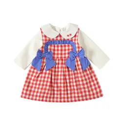 Платье с длинными рукавами для маленьких девочек Осенняя хлопковая одежда в красную клетку для маленьких девочек эксклюзивная детская