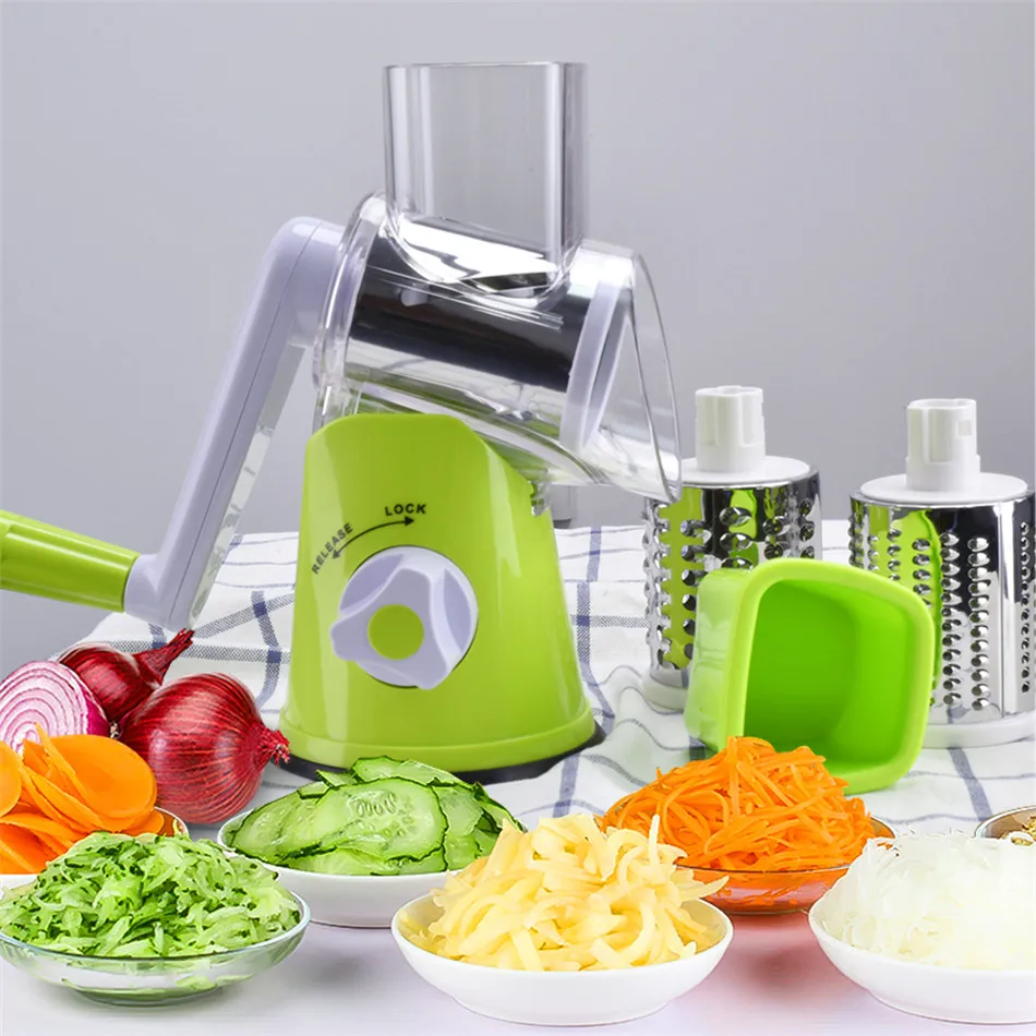 Baratos Cortador de verduras redondo mandolina patatas zanahoria rallador rebanador 3 cuchillas cortadoras multifunción de acero inoxidable accesorios de cocina