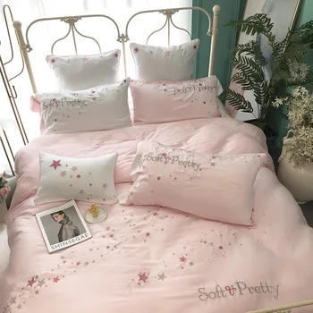 

New Products Pink Little Star Bare Sleeping Double-Sided 60 Tencel Embroidered Quilt Solid Color 1.8M Bedding Four Sets