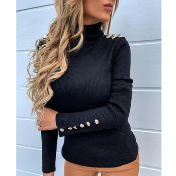 

Turtleneck Women Pullover Sweater Spring Autumn Jumper Knitted Basic Top Casual Stretch Long Sleeve Button Sweaters Knitwear