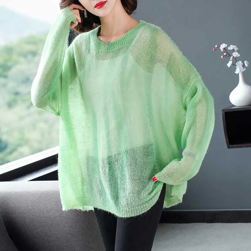 

Long Sleeve Green Autumn Sweater Women White Knitted Sweaters Pullover Women Jumper Fashion 2019 Transparent Sexy Sweater Female