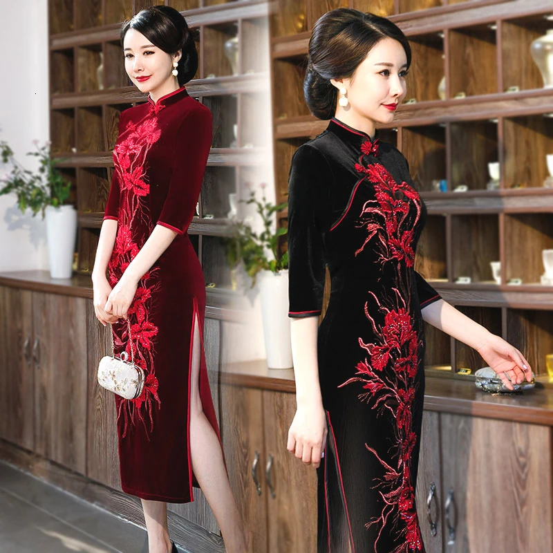 Sheng Coco Цветы Вышивка ремесла китайское платье Cheongsam длинный бархат Cheongsam Женский Винтаж Vestidos 4XL китайское платье