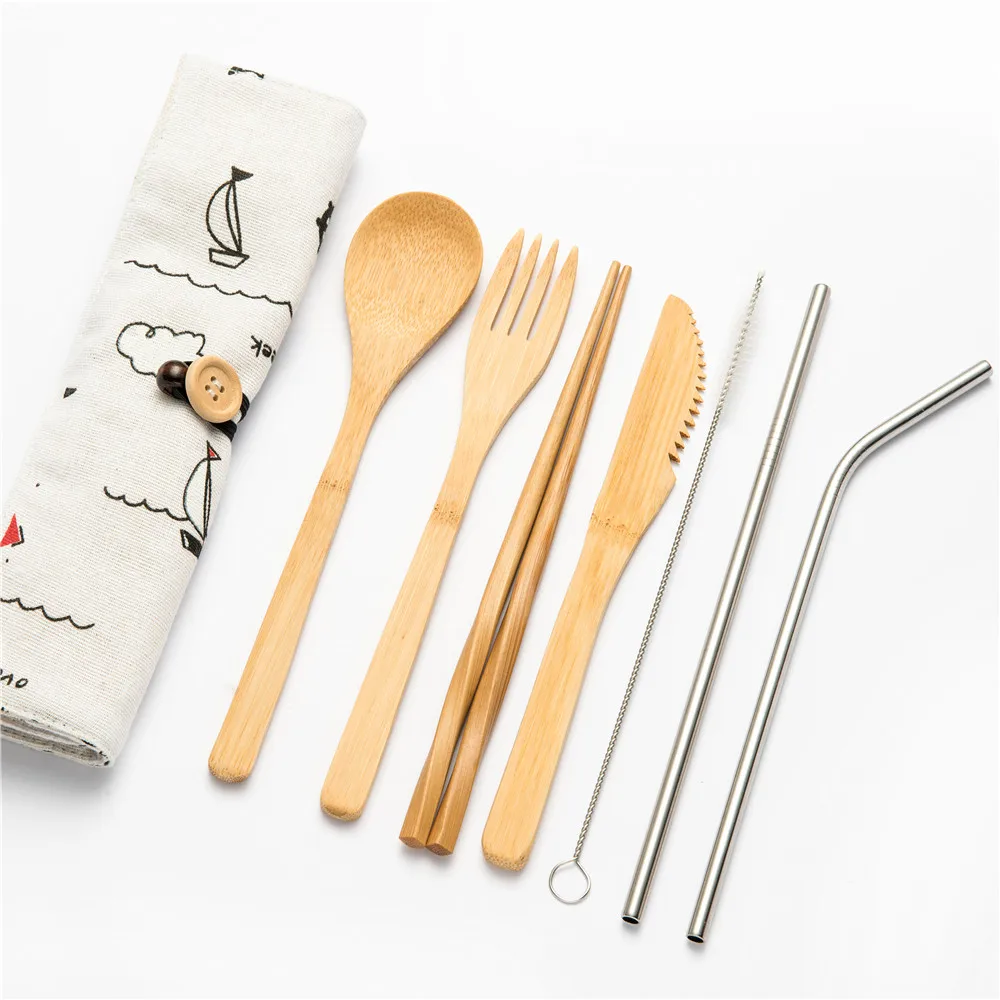 8pcs setA011 Многоразовый бамбуковый кухонный набор инструментов для приготовления пищи, набор деревянных столовых приборов, вилка, резак, сумка для резки, вилка, ложка, набор ножей или набор посуды для пикника - Цвет: 8pcs setA011