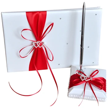 

Wedding Guest Book With Pen Holder Sets Satin Bows Signature Book With Diamonds Love Shape For Party Decorations-Red+White