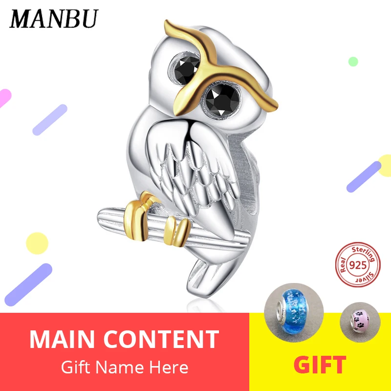 

MANBU sterling silver 925 owl beads pave setting Black zircon Eyes beads for jewelry making bangles and bracelet pendant charms