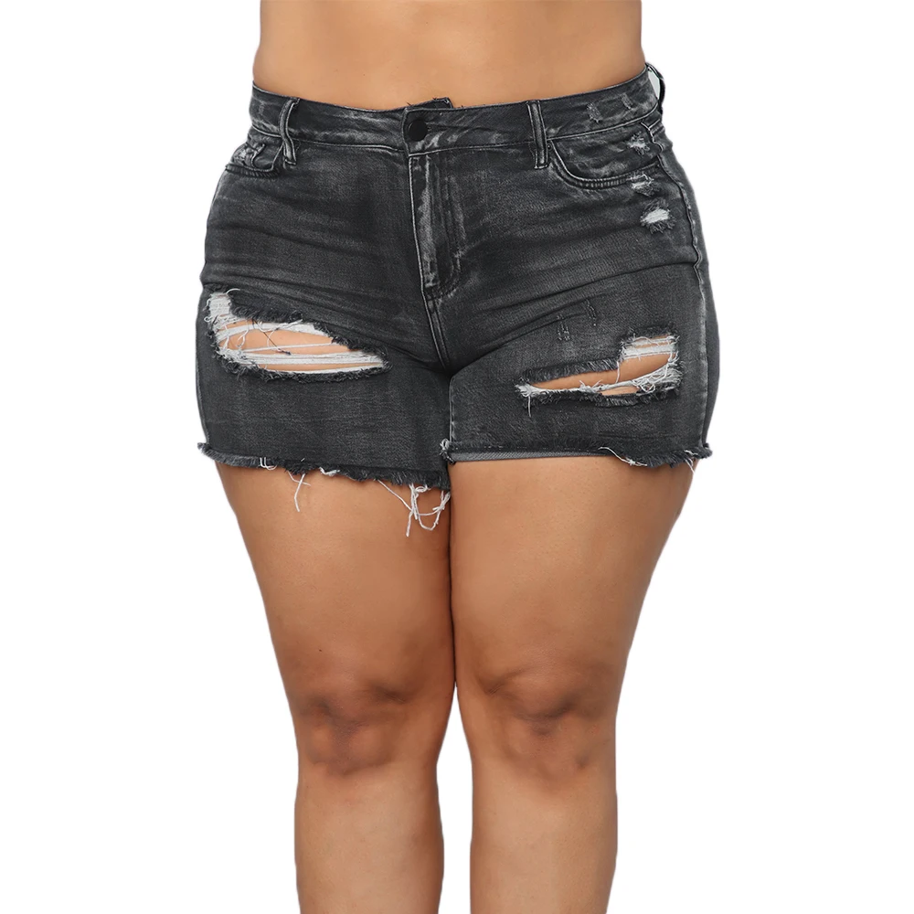 

Sale Plus Size Women Denim Shorts Ripped Dark Gray Ladies Short Pants Pocket Zipper Large Size Female Denim Shorts D30