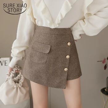 

new autumn and winter casual button short skirt irregular Thin High Waist women's wool skirt pants short feminino 7634 50