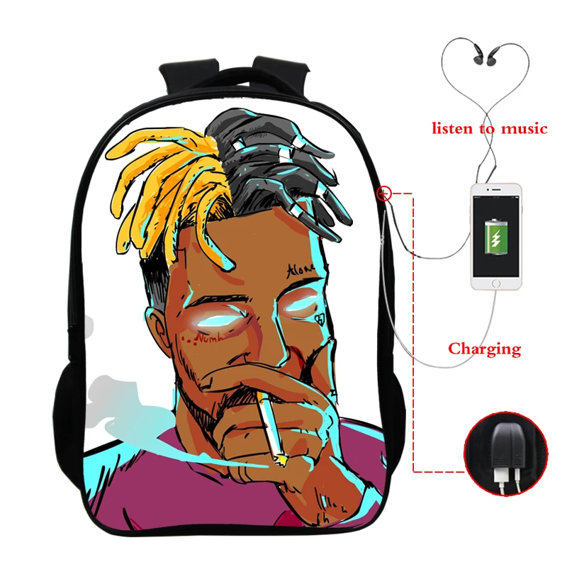 Usb зарядка Xxxtentacion рюкзак с принтом студенческий рюкзак для ноутбука дорожные сумки для мальчиков большой емкости колледж Водонепроницаемый школьный ранец