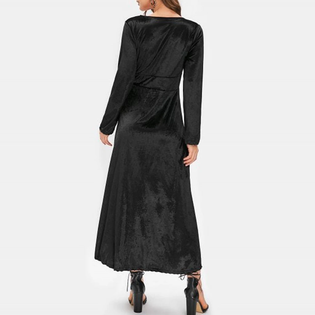 Autumn Women Dress Casual Full Sleeve V-Neck Ruched Dresses Thin Floral Solid Color Long Kaftan Dress Spring Ladies Girls 806