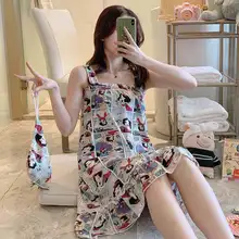 Disney Sling Nightdress Snow White Cartoon Printing Sleepdress for Women 2021 Pink Grid Summer Home Dress Kawaii Loose Pajamas