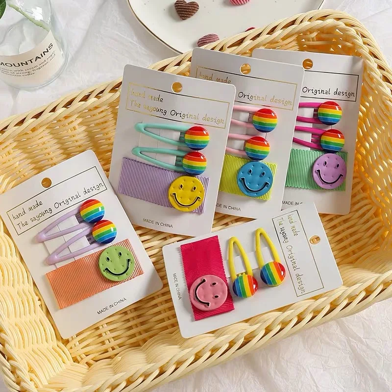 60set/lot 3pcs/set DIY Simple Multi Rainbow Round Button Hair Clips Suits Smile Hairpin Hair Styling Tools Accessories HA1403