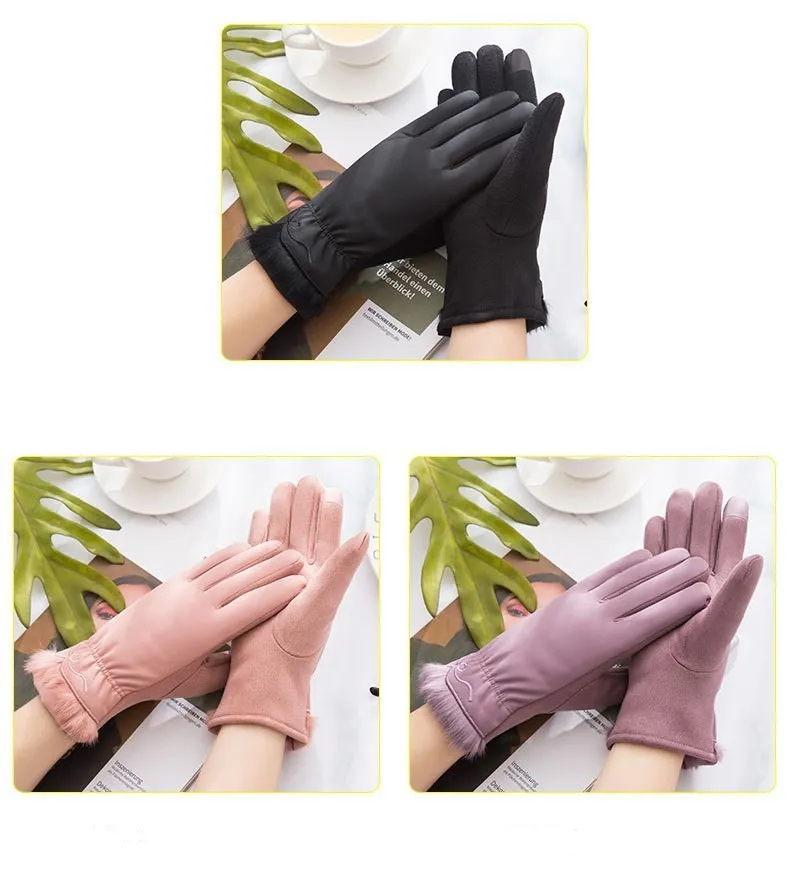 Girls Suede Gloves Cotton Fleece Warm Velvet Mittens Rider Driving Mittens Girl Touch Screen Luva Feminina Lace Flower Gloves